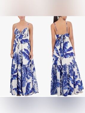 BCBG PALM CABO BLU MAXI DRESS L ADJUSTABLE STRAPS,SMOCKED WAIST,BACK TIE CLOSURE